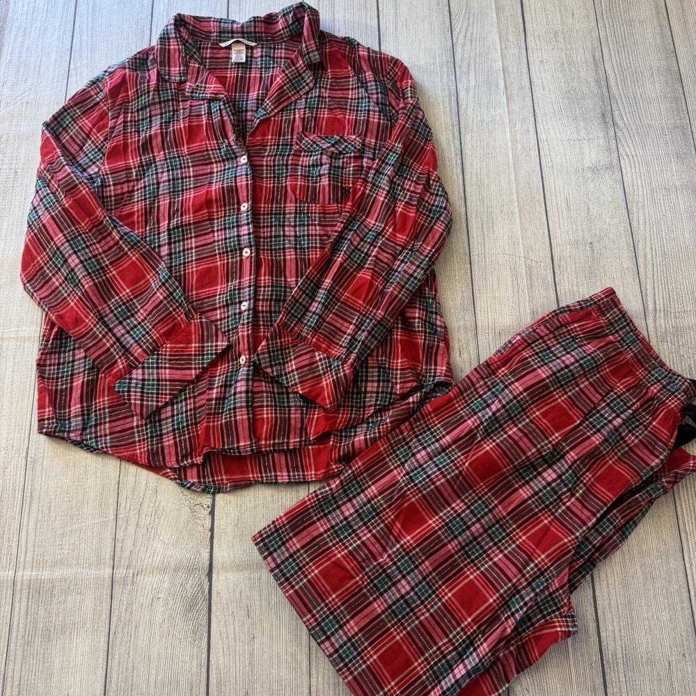 Victoria's Secret Flannel Pj Set Size Medium Lipstick Beauty Plaid Sexy Women's